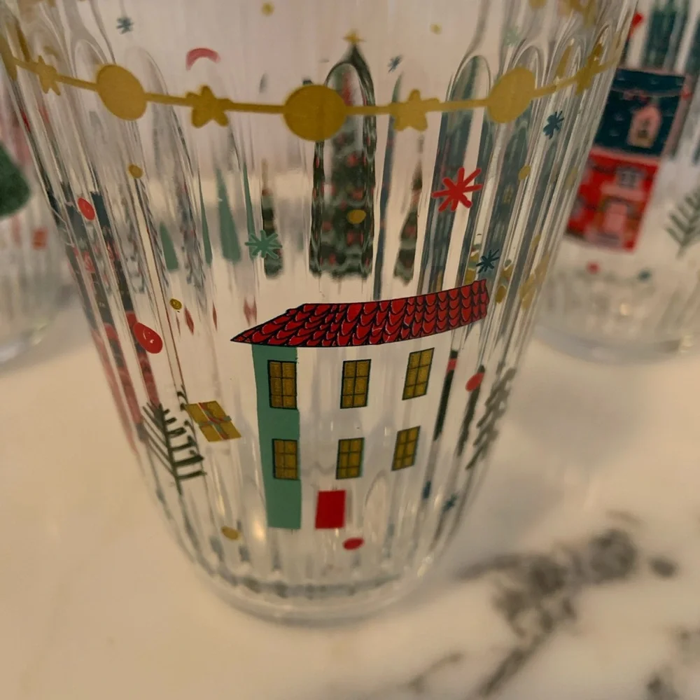 Rakle Holiday Village Christmas Tumblers Set Of 4 Ribbed Glass